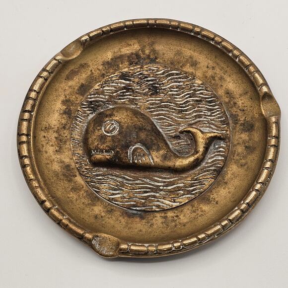 Whale Swimming in Water Brass Ashtray Trinket Dish - Vintage Nautical Decor - Picture 5 of 7
